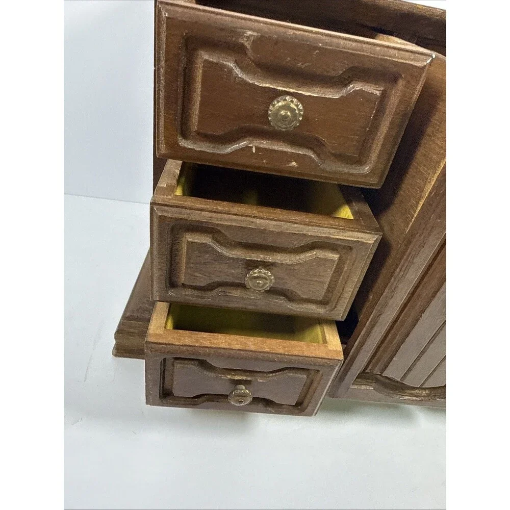 Vintage Wooden Jewelry Box 1 Door 7 Drawers Yellow Velvet Felt Chest -Japan 🇯🇵